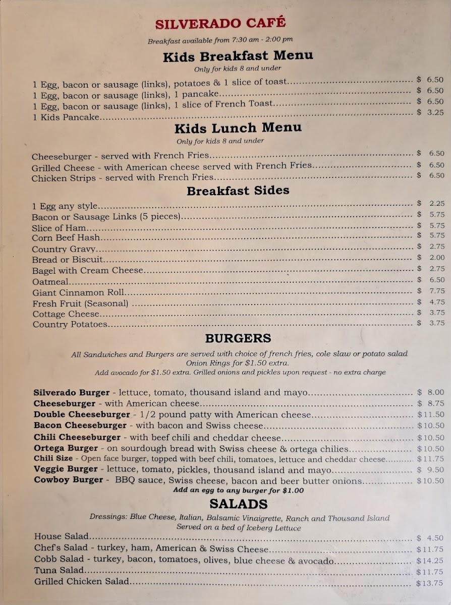 Silverado Cafe Menu - Image 1
